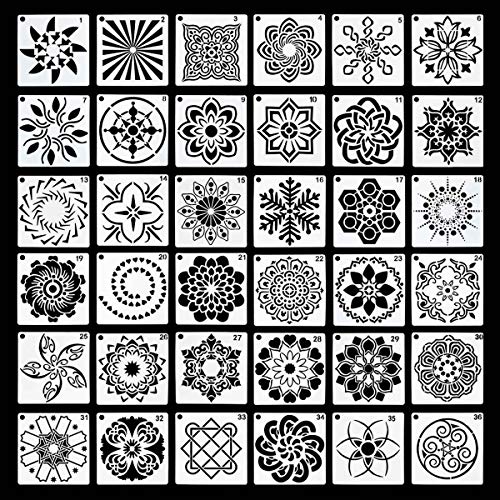 TTSAM 36 Pack Mandala Stencils (3.6x3.6 Inch) Mandala Dotting Painting Template Stencil Set for Painting Perfect for DIY Painting Art Projects Wood Wall Floor Fabric Furniture Tile Christmas Gift (Reusable) - Image 1