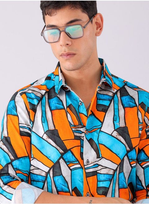 Men Slim Fit Abstract Printed Full Sleeves Cutaway Collar Party Wear Shirt