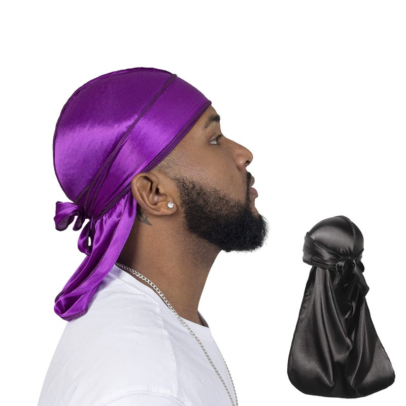 ForceWave 2 Pieces Silky Durag Pack for Men Women Waves, Premium Satin Deluxe Du-rag (Black Purple) - Image 1