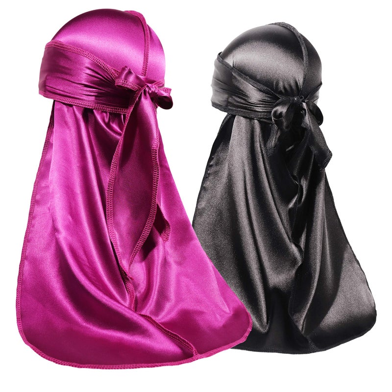 ForceWave 2 Pieces Silky Durag Pack for Men Women Waves, Premium Satin Deluxe Du-rag (Black Purple) - Image 2