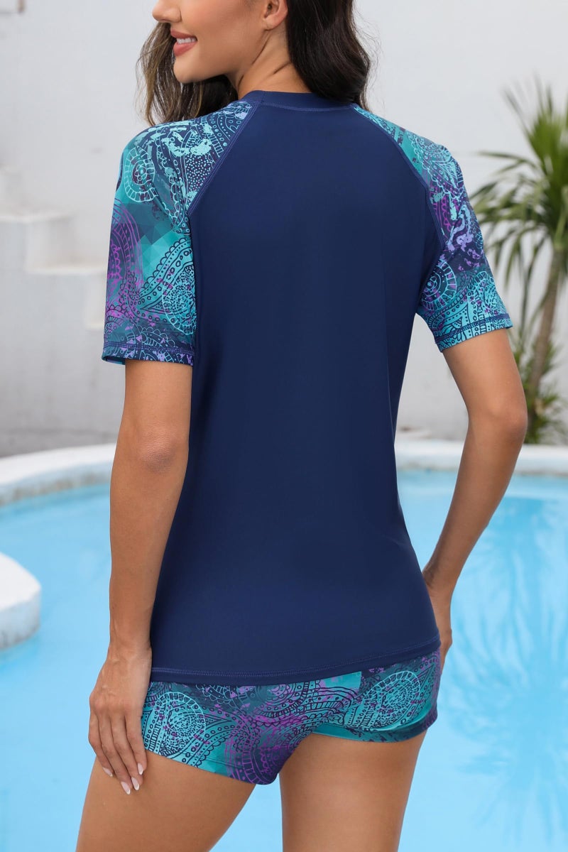 Halcurt Women 2 Piece Rash Guard Short Sleeve UV Protection Swimsuits with Bottoms Navy L - Image 2