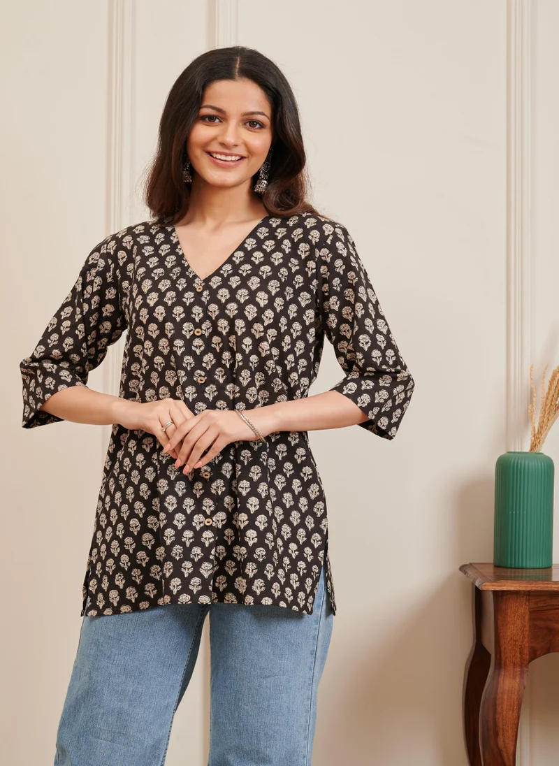 زيري سوق Dark Brown Ajrakh Print Cotton Tunic Top