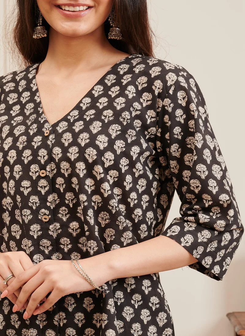 زيري سوق Dark Brown Ajrakh Print Cotton Tunic Top