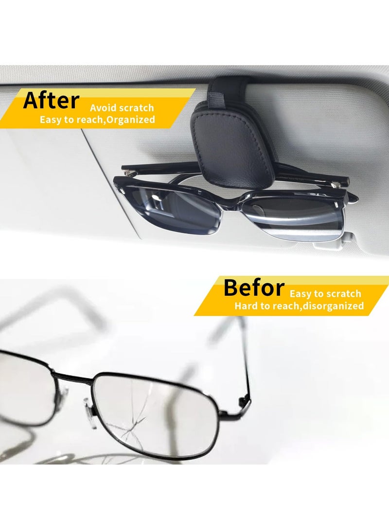حامل النظارات الشمسية للسيارة وحامل النظارات الشمسية الجلدية المغناطيسية ومشبك بطاقة التذكرة، ملحقات واقي السيارة، حزمتان (أسود) - Image 3