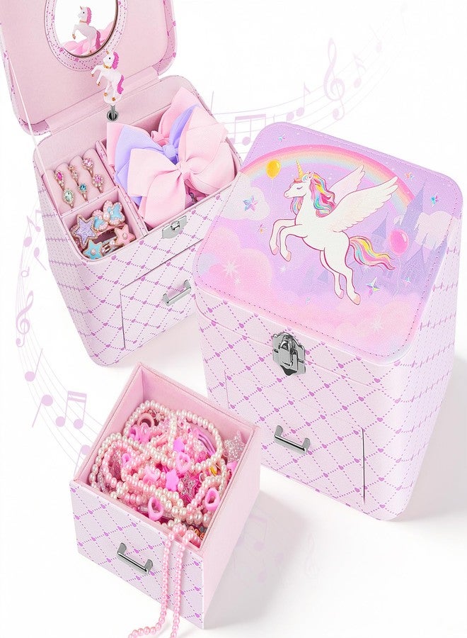 Basumee Musical Jewelry Box for Girls PU Leather Music Box with Drawer Large Kids Jewelry Organizer with Unicorn/Ballerina Jewelry Storage for Little Girls Ages 3-10, Birthday & Holiday Present - Image 1