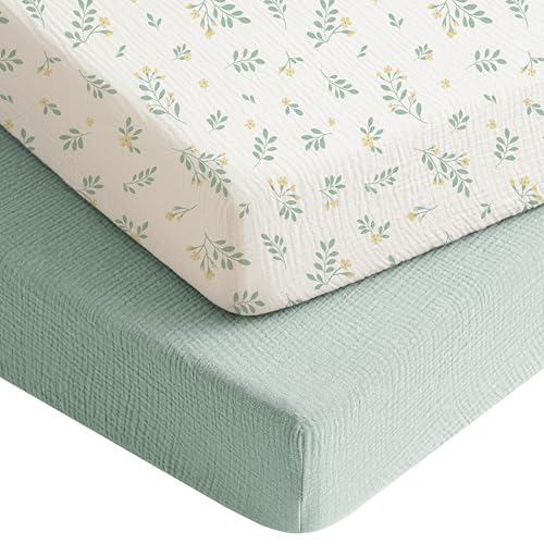 Konssy Muslin Crib Sheets for Boys Soft Cotton Neutral Baby Sheets for Standard Crib Mattress 2 Pack 52x28 LeafGreen