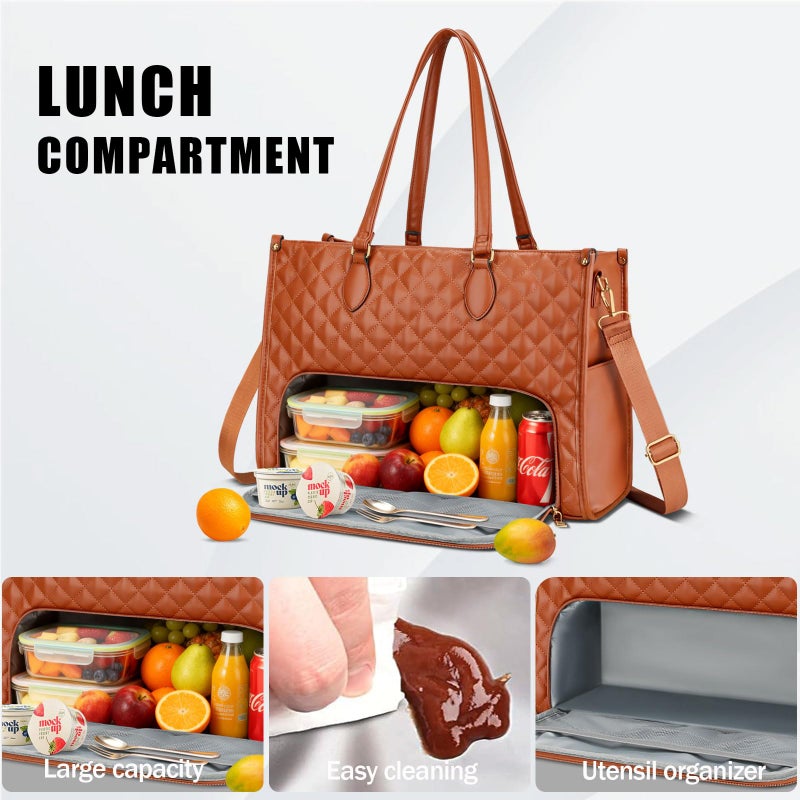 KKXIU Updated 2-in-1 Insulated Lunch Bag & 15.6 Inch Laptop Tote for Women, Large Capacity Thermal Meal Bag with Padded Laptop Compartment, Quilted Work Purse for Office, Teacher, Commuter (Brown) - Image 3