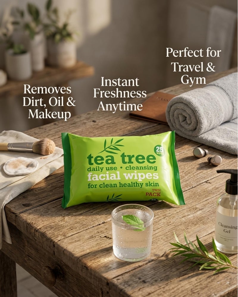 Xpel Tea Tree Facial Wipes 50 - Pack of 2, Wet Wipes for Face with Tea Tree Oil & Peppermint Oil, purifies pores, uplifts impurities, clearer-looking skin, Makeup Remover Wipes, Hydrating, Refreshing - Image 2