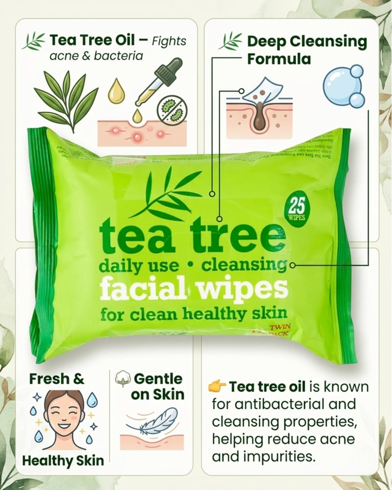 Xpel Tea Tree Facial Wipes 50 - Pack of 2, Wet Wipes for Face with Tea Tree Oil & Peppermint Oil, purifies pores, uplifts impurities, clearer-looking skin, Makeup Remover Wipes, Hydrating, Refreshing - Image 5