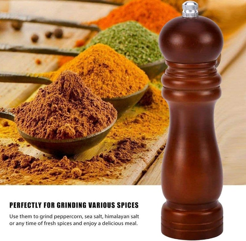 AVMART Wooden Salt & Pepper Grinder 8 Inch with Stainless Steel Cutter & Adjustable Coarseness | Refillable Manual Spice Mill | Traditional Wood Pepper Grinder for Kitchen & Dining - Image 2