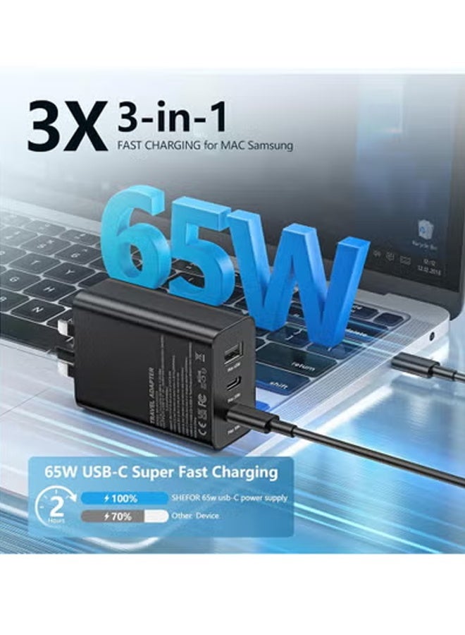 X-level 65W Fast Charging Wall Charger, 3-Ports Trio Adapter Charger Block, for Samsung Galaxy S24 Ultra/S24/S24+/S23 Ultra/S23/S23+/S22 Ultra/Note 10/20, 3.28ft USB C Cable Included - Image 2