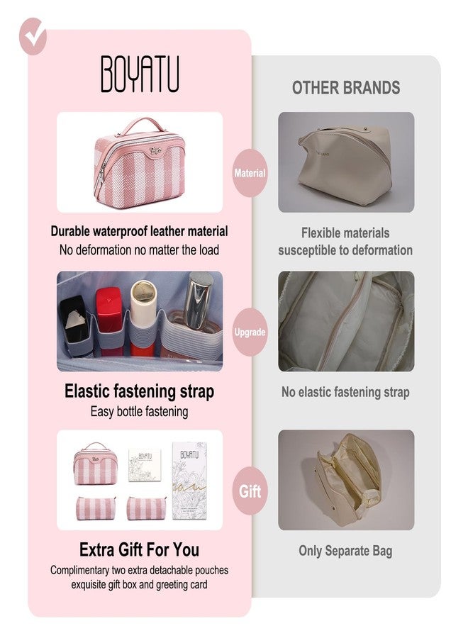 BOYATU Travel Makeup Bag Organizer Cosmetic Bag: 3 Pcs Set Make up Bags for Women with Handle - Waterproof Vegan Leather Toiletry Bags Travel Essentials Pouch with Compartments, F-03-Pink, Travel - Image 2