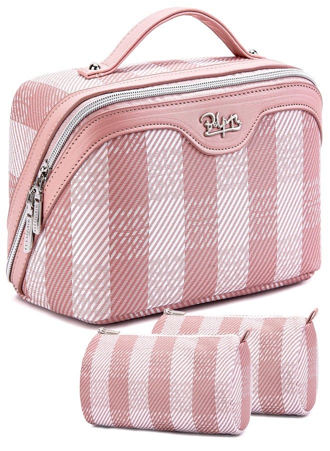 BOYATU Travel Makeup Bag Organizer Cosmetic Bag: 3 Pcs Set Make up Bags for Women with Handle - Waterproof Vegan Leather Toiletry Bags Travel Essentials Pouch with Compartments, F-03-Pink, Travel - Image 1