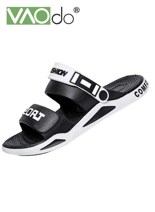فاو دو صنادل مسطحة للرجال، نعال من البولي فينيل كلوريد الناعم مع مشبك قابل للتعديل، نعال خفيفة الوزن ومبطنة مفتوحة الأصابع، أحذية مسطحة سهلة الارتداء مع دعم للقوس، نعال صيفية للشاطئ وحمام السباحة والاستحمام باللون الأسود - Image 1