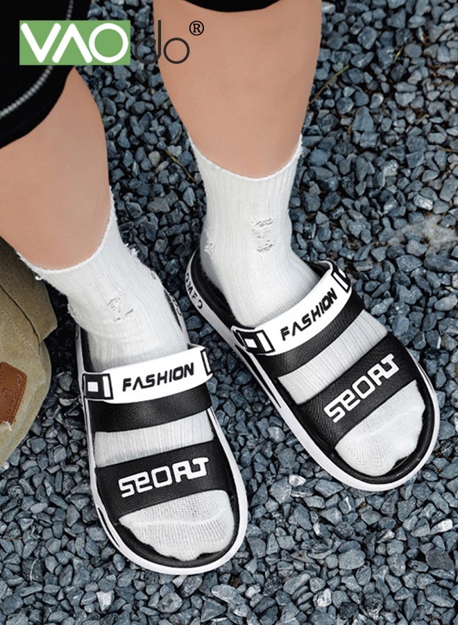 فاو دو صنادل مسطحة للرجال، نعال من البولي فينيل كلوريد الناعم مع مشبك قابل للتعديل، نعال خفيفة الوزن ومبطنة مفتوحة الأصابع، أحذية مسطحة سهلة الارتداء مع دعم للقوس، نعال صيفية للشاطئ وحمام السباحة والاستحمام باللون الأسود - Image 2