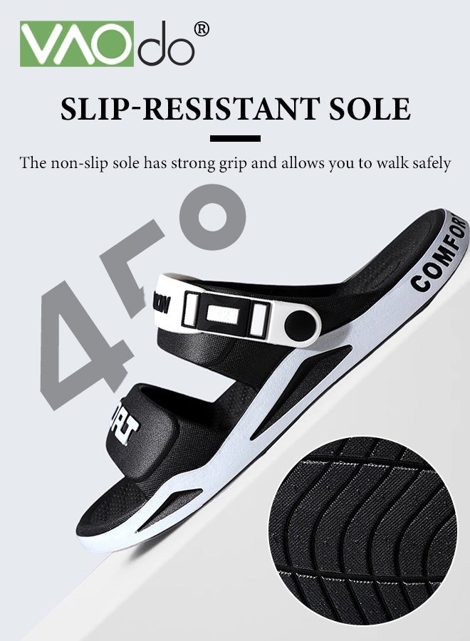 فاو دو صنادل مسطحة للرجال، نعال من البولي فينيل كلوريد الناعم مع مشبك قابل للتعديل، نعال خفيفة الوزن ومبطنة مفتوحة الأصابع، أحذية مسطحة سهلة الارتداء مع دعم للقوس، نعال صيفية للشاطئ وحمام السباحة والاستحمام باللون الأسود - Image 3