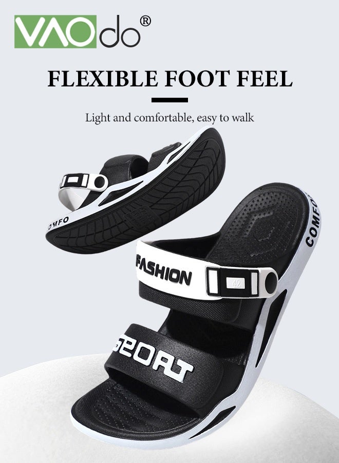 فاو دو صنادل مسطحة للرجال، نعال من البولي فينيل كلوريد الناعم مع مشبك قابل للتعديل، نعال خفيفة الوزن ومبطنة مفتوحة الأصابع، أحذية مسطحة سهلة الارتداء مع دعم للقوس، نعال صيفية للشاطئ وحمام السباحة والاستحمام باللون الأسود - Image 5