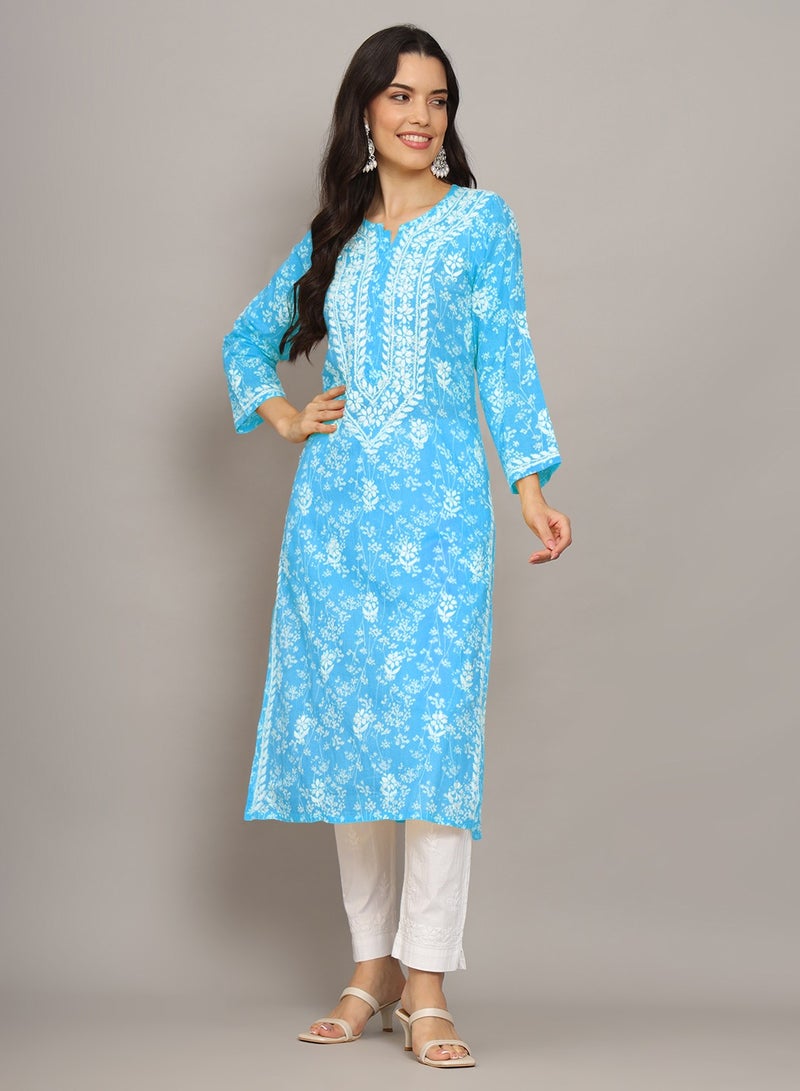 Alaya Women Hand Embroidered Chikankari Mulmul Cotton Printed Kurta-AL4041 - Image 3