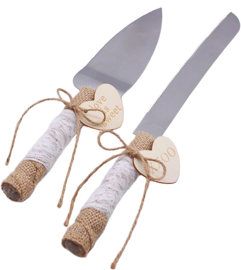 SWTool Wedding Cake Knife and Server Set Rustic Style Stainless Steel Cake Cutter Set with Twine Lace and Wood Tag Gifts for Bride and Groom Wedding Anniversaries Parties - Image 1