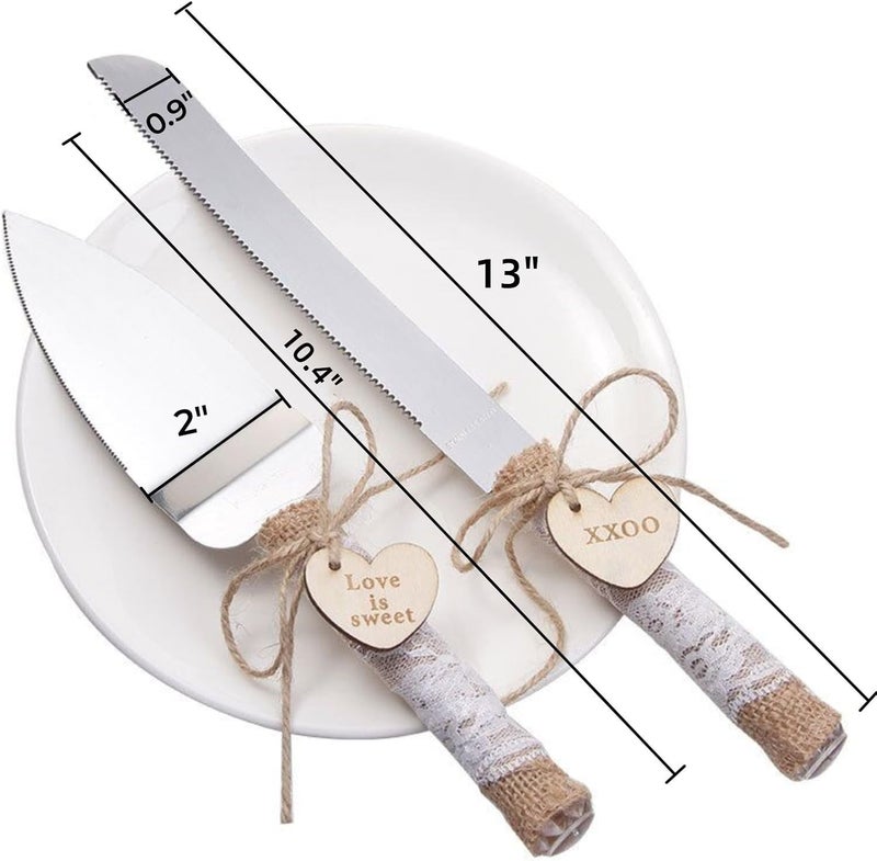 SWTool Wedding Cake Knife and Server Set Rustic Style Stainless Steel Cake Cutter Set with Twine Lace and Wood Tag Gifts for Bride and Groom Wedding Anniversaries Parties - Image 2