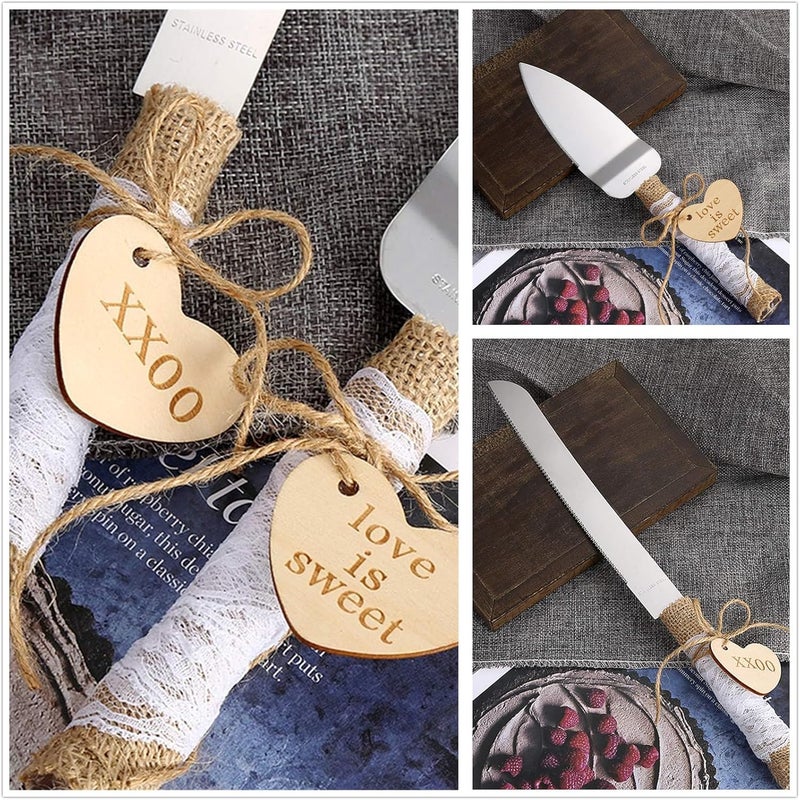 SWTool Wedding Cake Knife and Server Set Rustic Style Stainless Steel Cake Cutter Set with Twine Lace and Wood Tag Gifts for Bride and Groom Wedding Anniversaries Parties - Image 3