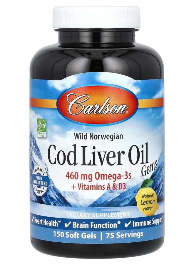 Wild Norwegian Cod Liver Oil Gems Natural Lemon 150 Soft Gels