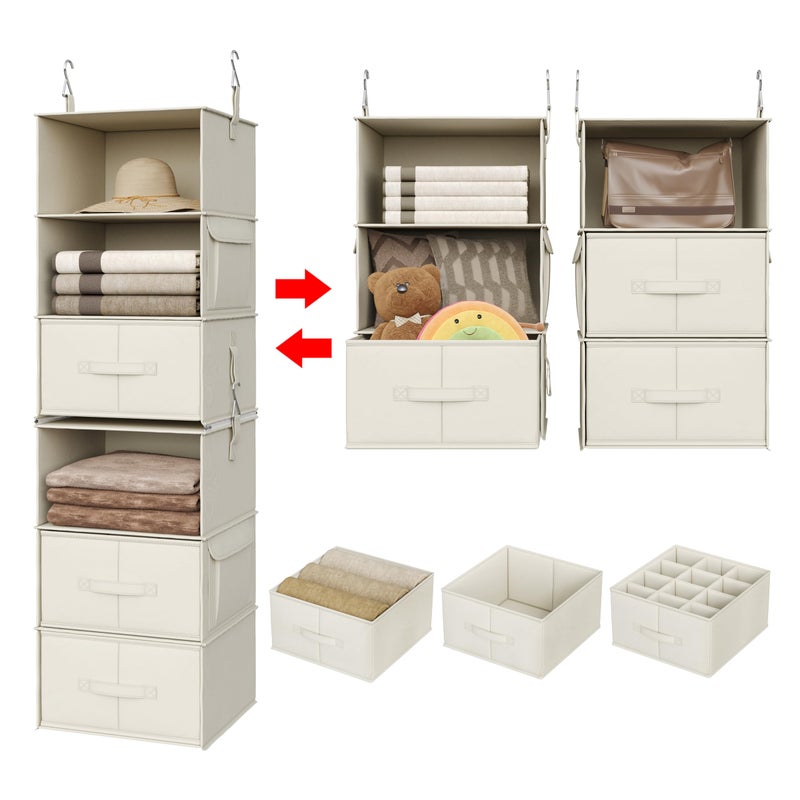 Vailando 6Shelf Hanging Closet Organizer 2 Separable 3Shelf Hanging Shelves with 3 Drawers for Wardrobe Nursery Baby Clothes Organization and Storage Beige