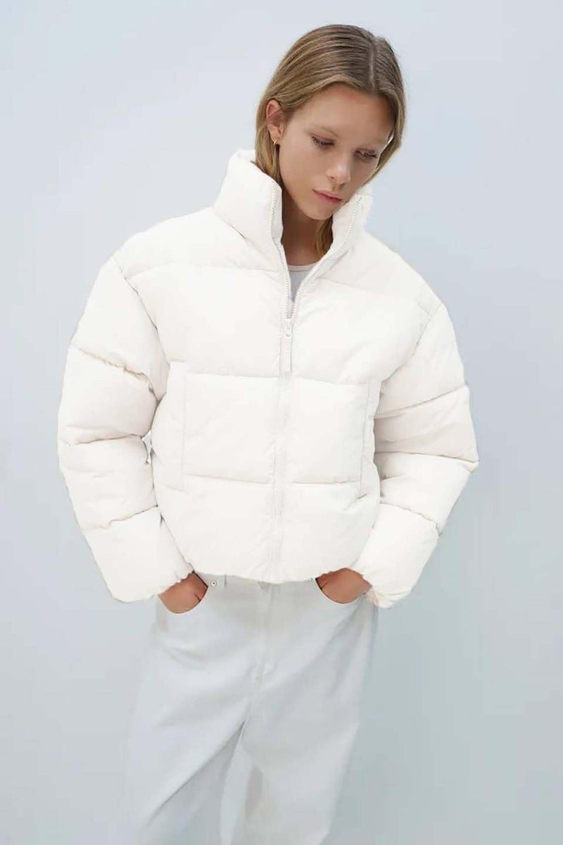 KOTTY Women's Solid Long Sleeve Flow White Zipper Puffer Jacket (White,L)-KTTFKPUFFERJACKET153L - Image 2