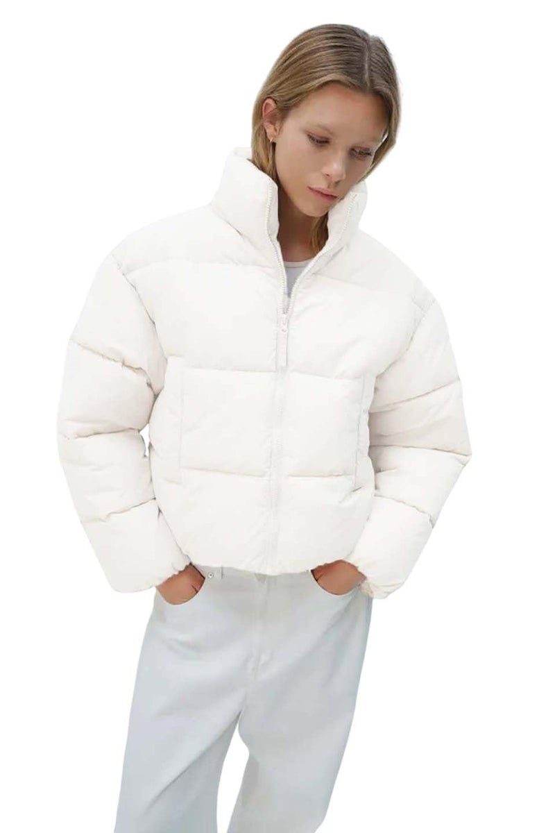 KOTTY Women's Solid Long Sleeve Flow White Zipper Puffer Jacket (White,L)-KTTFKPUFFERJACKET153L - Image 1