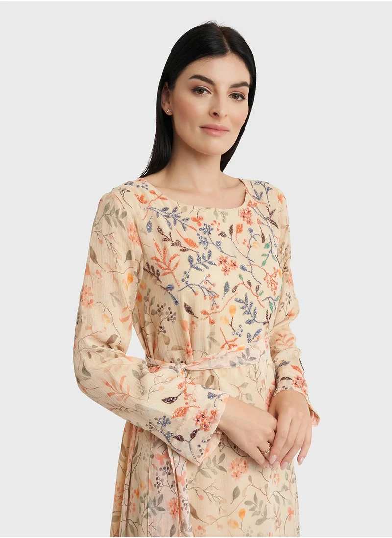 كشخة Georgette Floral Print Long Dress with Beadwork
