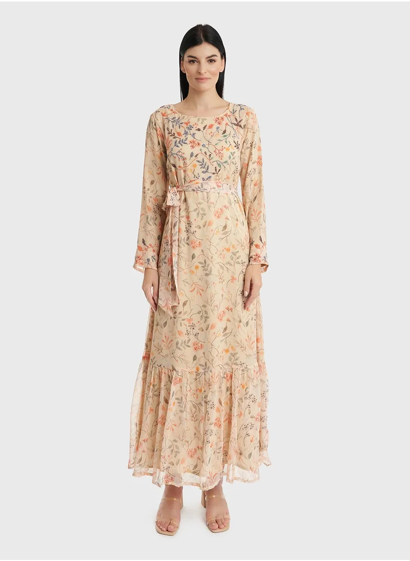 كشخة Georgette Floral Print Long Dress with Beadwork