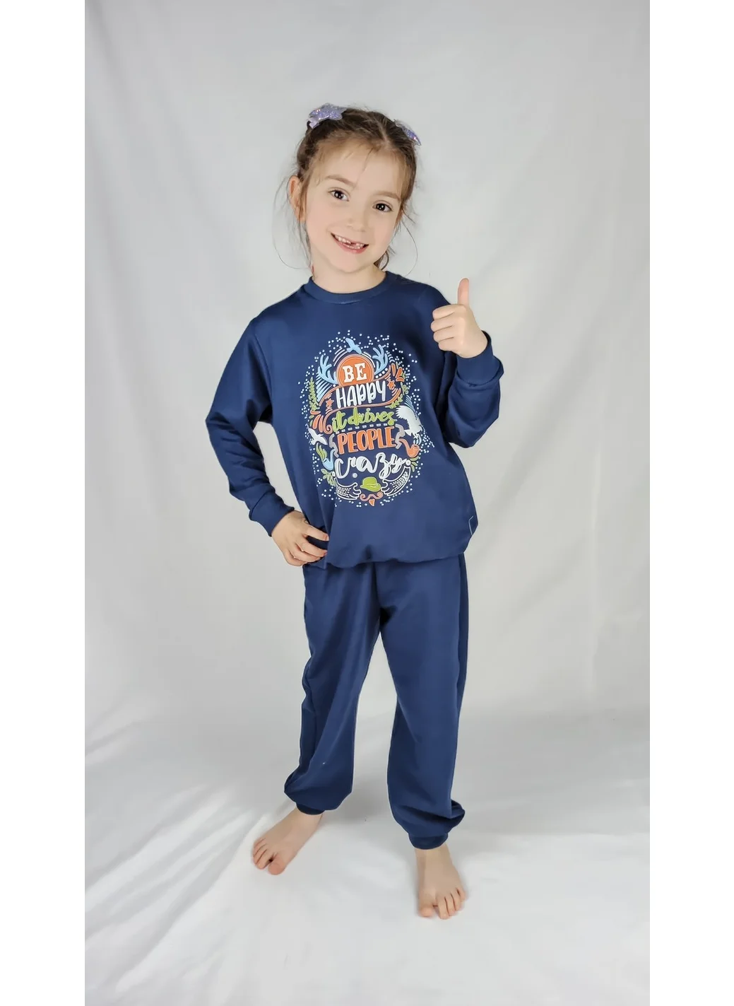 Bluence Girl Waitress Navy Blue Printed Cotton Tracksuit Set