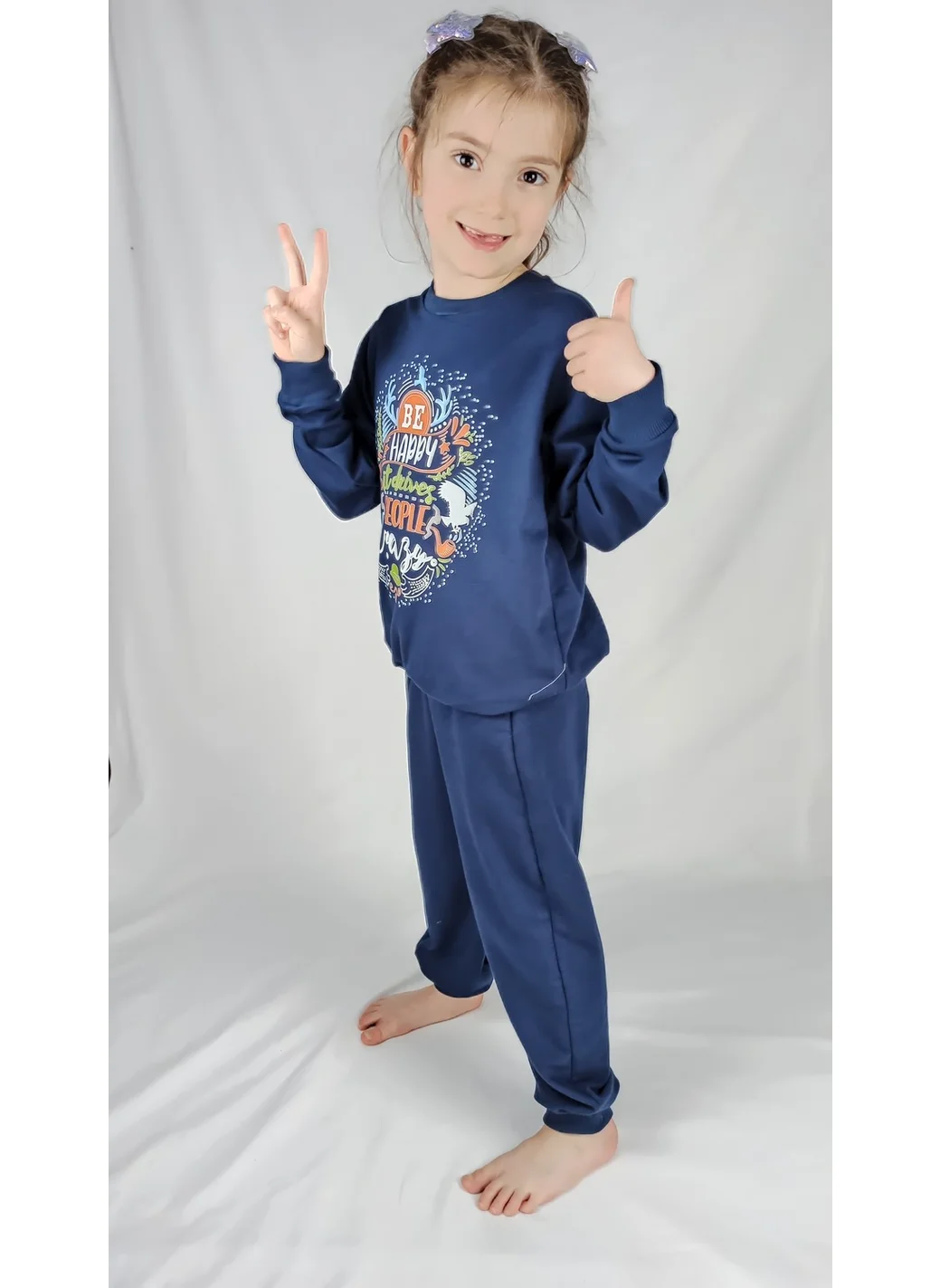 Bluence Girl Waitress Navy Blue Printed Cotton Tracksuit Set