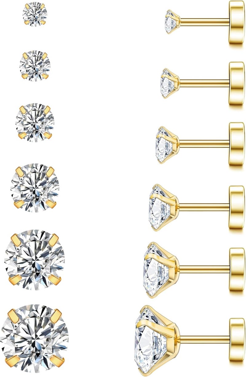 WSSXC 20G Hypoallergenic Flat Back Earrings for Women Men Silver 14K Gold Stainless Steel Stud Earrings Brithstone Cubic Zirconia Studs Surgical Steel Cartilage Earrings for Sensitive Ears - Image 1