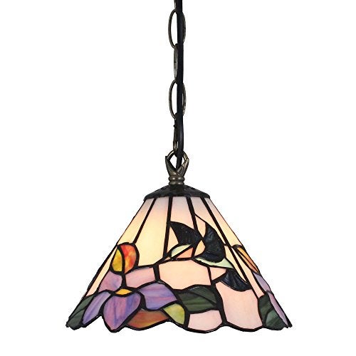 Bieye L11007 Hummingbird Flower Tiffany Style Stained Glass Ceiling Pendant Fixture with 8 Inch Wide Handmade Lampshade, Blue - Image 2
