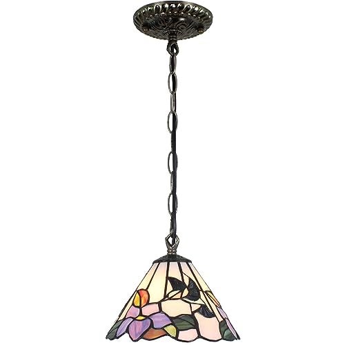 Bieye L11007 Hummingbird Flower Tiffany Style Stained Glass Ceiling Pendant Fixture with 8 Inch Wide Handmade Lampshade, Blue - Image 1