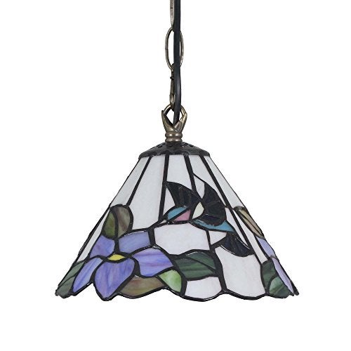 Bieye L11007 Hummingbird Flower Tiffany Style Stained Glass Ceiling Pendant Fixture with 8 Inch Wide Handmade Lampshade, Blue - Image 3