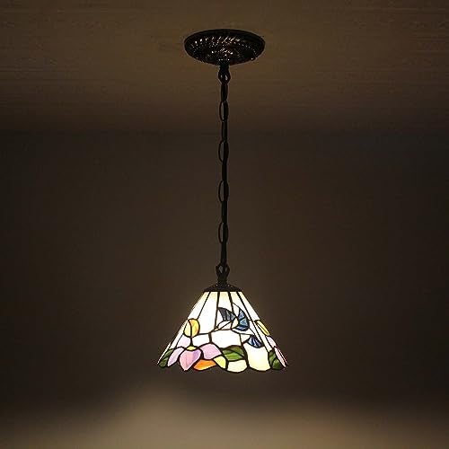 Bieye L11007 Hummingbird Flower Tiffany Style Stained Glass Ceiling Pendant Fixture with 8 Inch Wide Handmade Lampshade, Blue - Image 4