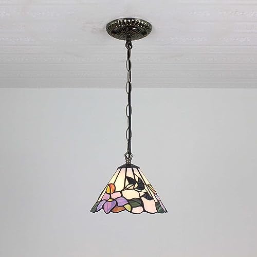 Bieye L11007 Hummingbird Flower Tiffany Style Stained Glass Ceiling Pendant Fixture with 8 Inch Wide Handmade Lampshade, Blue - Image 5