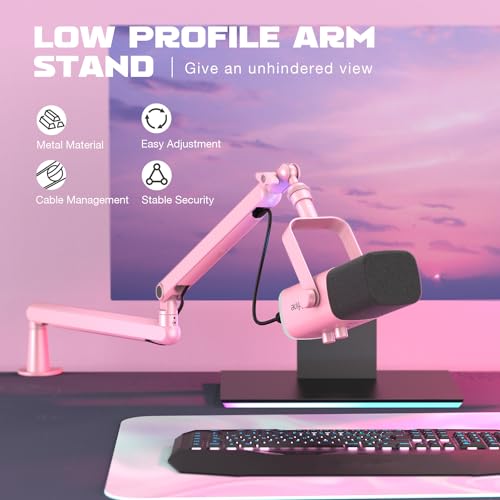 FIFINE Low Profile Boom Arm Mic Stand, Microphone Stand with Cable Management Channel, Desk Clamp, Screw Adapter for Streaming Podcast Recording, Adjustable Metal Mic Boom Arm Pink-BM88P - Image 2