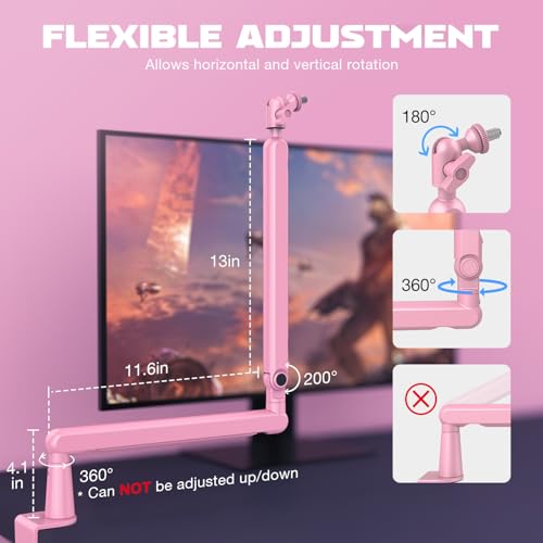 FIFINE Low Profile Boom Arm Mic Stand, Microphone Stand with Cable Management Channel, Desk Clamp, Screw Adapter for Streaming Podcast Recording, Adjustable Metal Mic Boom Arm Pink-BM88P - Image 5