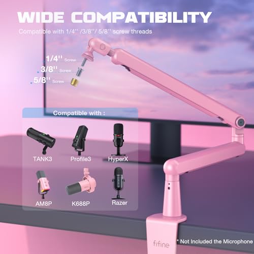 FIFINE Low Profile Boom Arm Mic Stand, Microphone Stand with Cable Management Channel, Desk Clamp, Screw Adapter for Streaming Podcast Recording, Adjustable Metal Mic Boom Arm Pink-BM88P - Image 3