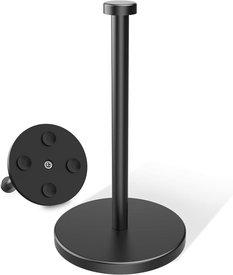 VEHHE Black Paper Towel Holder Countertop, Stainless Steel Paper Towel Holder Stand with Weighted Base Suction Cups for Kitchen Bathroom - Image 1