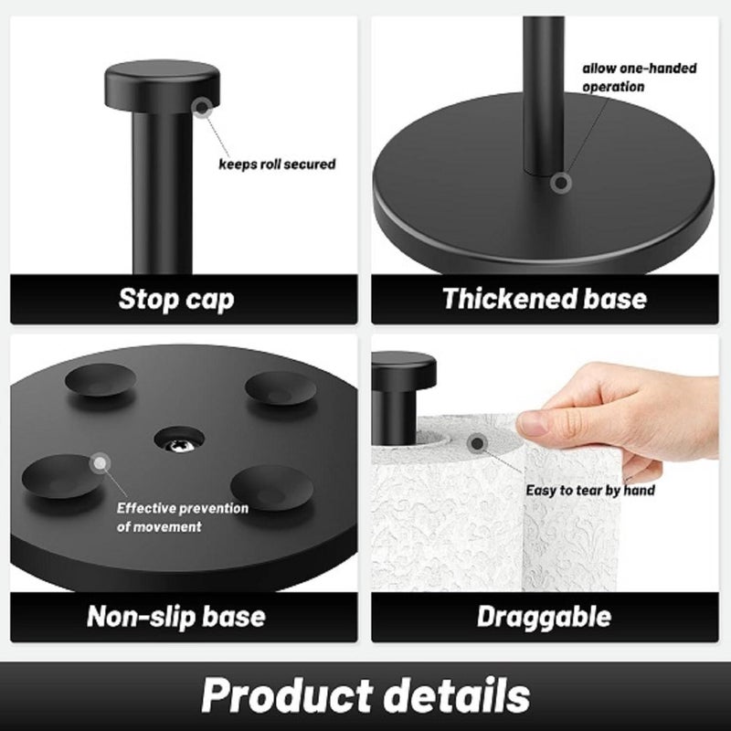 VEHHE Black Paper Towel Holder Countertop, Stainless Steel Paper Towel Holder Stand with Weighted Base Suction Cups for Kitchen Bathroom - Image 4