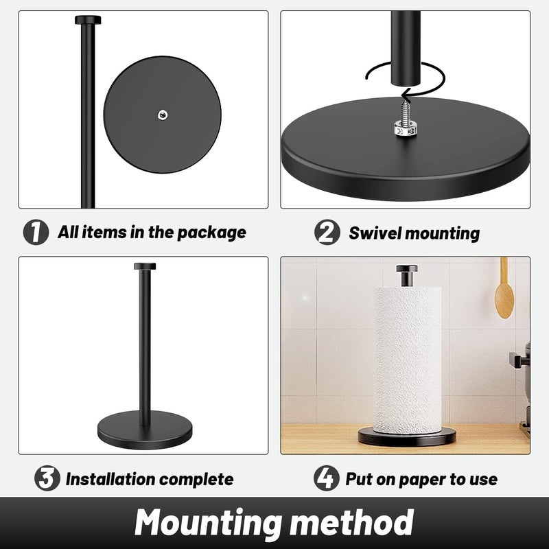 VEHHE Black Paper Towel Holder Countertop, Stainless Steel Paper Towel Holder Stand with Weighted Base Suction Cups for Kitchen Bathroom - Image 5