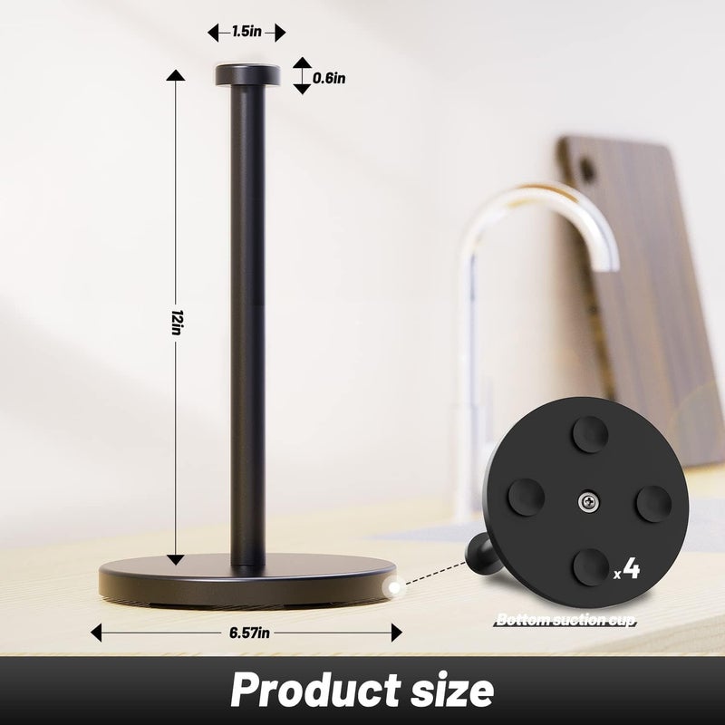 VEHHE Black Paper Towel Holder Countertop, Stainless Steel Paper Towel Holder Stand with Weighted Base Suction Cups for Kitchen Bathroom - Image 3