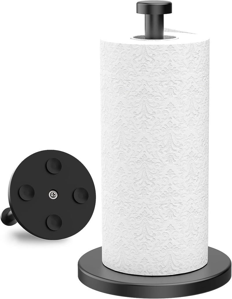 VEHHE Black Paper Towel Holder Countertop, Stainless Steel Paper Towel Holder Stand with Weighted Base Suction Cups for Kitchen Bathroom - Image 2