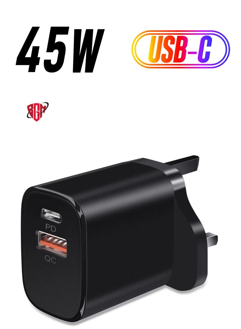 BGM USB C Plug, 45W USB C Charger Plug for i phone 13, 2 Ports PD & QC 3.0 Power Adapter Charger, USB C Wall Charger Fast Charging for i phone 13 Pro/12 Pro Max/11 XS XR X, Samsung, i Pad, Black - Image 1