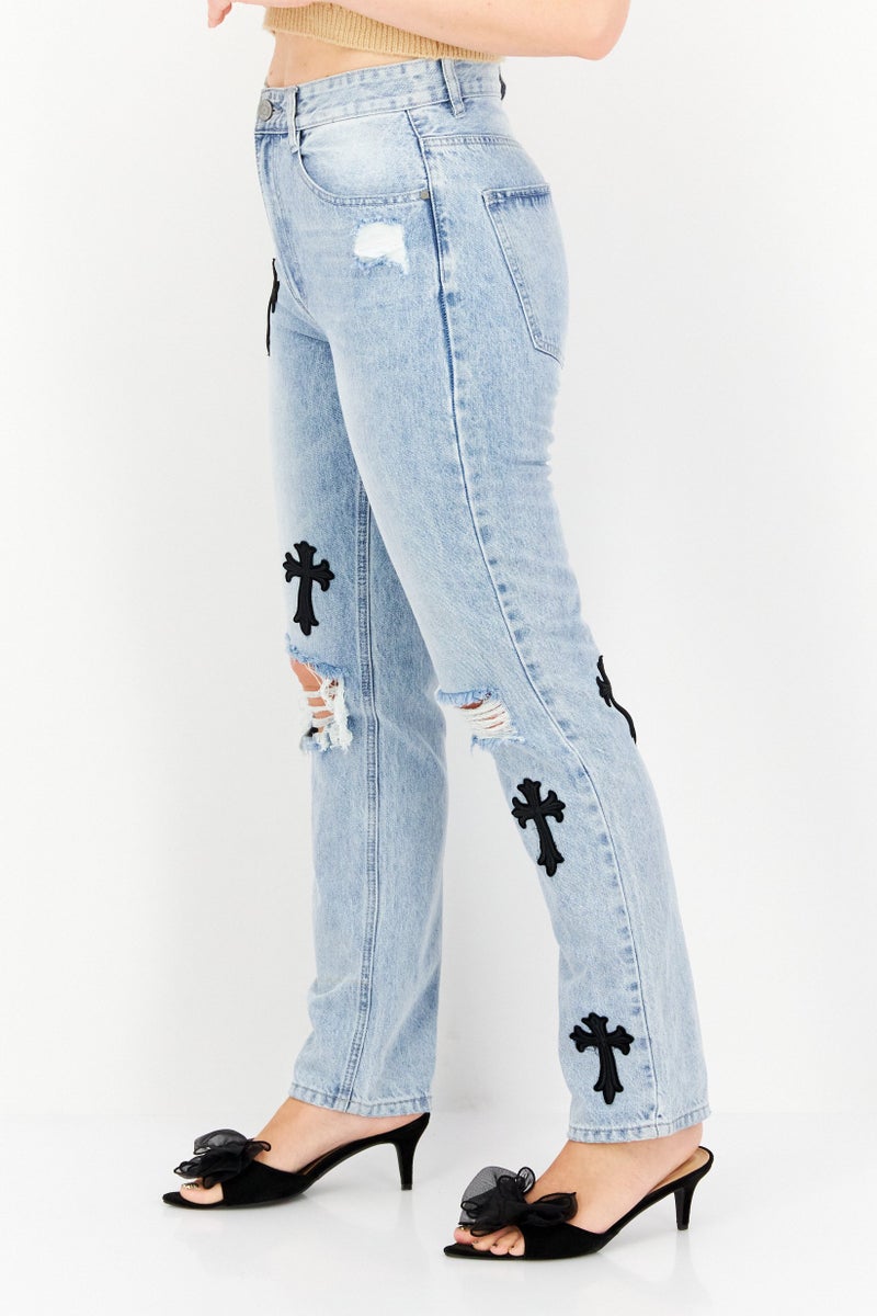 Mennace Women Regular Fit Rip Non-Stretchable Denim, Blue - Image 2