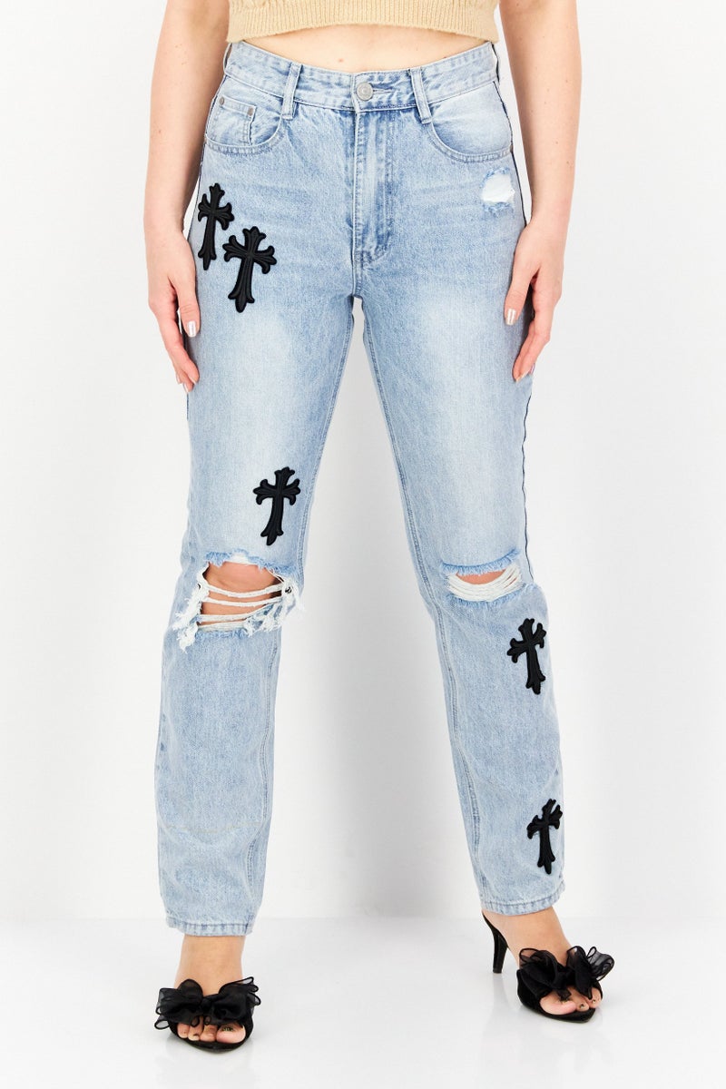 Mennace Women Regular Fit Rip Non-Stretchable Denim, Blue - Image 1